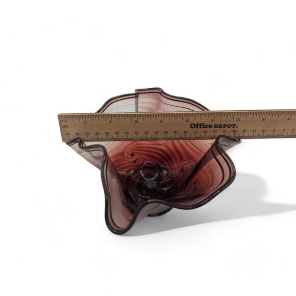 Daniel Reid Hand-Blown Glass Handkerchief Bowl 7" x 4" Tall Red and Gold Signed - Picture 6 of 13